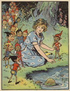 Garota cercada por duendes (lito colorido) de Rosa Petherick
