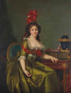 Retrato de uma senhora, com um vestido de cetim verde e um gorro com fitas vermelhas. de Rose Adelaide Ducreux
