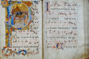 Livro coral "D", exibido na Catedral de Santo Stefano: uma inicial histórica representando a Natividade, c.1429-35