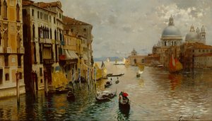 Gôndolas no Grande Canal, Dogana e Santa Maria della Salute além, Veneza (óleo sobre tela)