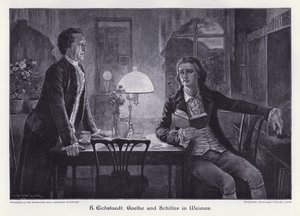 Os escritores alemães Friedrich Schiller e Johann Wolfgang von Goethe em Weimar (gravura)