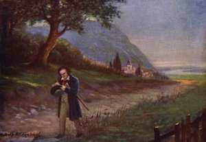 Beethoven em sua caminhada matinal no subúrbio de Viena Kahlenbergerdorf (lito colorido)