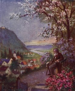 Leopoldsberg, em primeiro plano Brahms, descansando após uma longa caminhada (lito colorido)