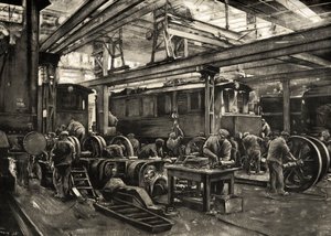Caminhos-de-ferro alemães - Oficina de reparação de locomotivas eléctricas do Reichsbahn em Munique. 1935 (impressão) de Rudolf Lipus