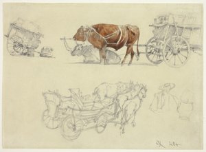 Estudos sobre as carroças dos camponeses eslovacos com bois e cavalos de Rudolf von Alt