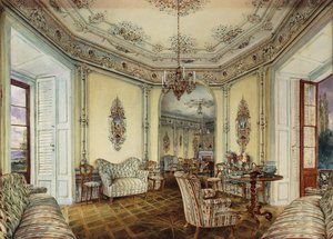 Vista interior do salão de um castelo em Obertwaltersdorf; Interior de um salão do castelo Obertwaltersdorf, de Rudolf von Alt