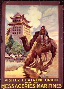 Camelos regando em frente aos portões de Pekin, cartaz publicitário &39;Messageries Maritimes&39;, c.1920 (cor lito)