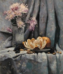 Crisântemos e uma Laranja Aberta (óleo sobre tela)