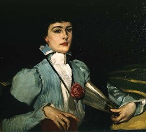 Retrato da mulher do artista com um ventilador