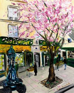 Cerejeiras em flor na Shakespeare and Co Paris - com adornos dourados, 2023 (óleo sobre tela)
