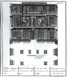 Uma vista em corte do Salão das Raridades em direção ao Sul, ilustração em Câmaras da Academia Imperial de Ciências de São Petersburgo, Biblioteca e Galeria mostrando Planos, Fachadas e Perfis por Johann de Russian School