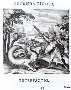 Um cavaleiro derrotando &39;Rot&39; que é incorporado por um dragão, de &39;Musaeum Hermeticum Reformatum&39; por Basil Valentine, 1678 de Russian School