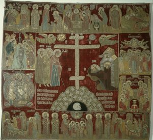Aparecimento da Virgem a São Sérgio, 1525 (fios de ouro, prata e seda, cravejados de pérolas e rubis em montagens de ouro) de Russian School