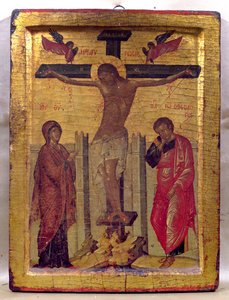 Cristo na cruz (tempera e folha de ouro no painel) de Russian School