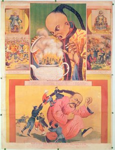 Cartaz russo em quadrinhos satirizando os europeus na China, impresso em Moscou, Rússia, 1900
