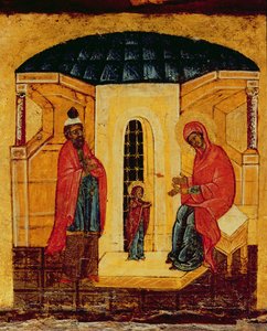 Ícone representando Jesus no templo, c.1550 (têmpera e folha de ouro no painel) (detalhe de 314500) de Russian School