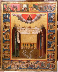 Santos Zósimo e Sabbatheus de Solovetsk com cenas de suas vidas, século XVIII (têmpera no painel) de Russian School