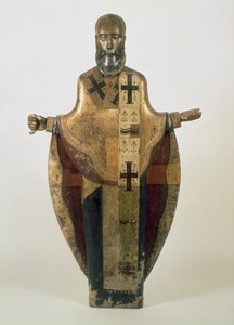 Estátua, de, st. Nicholas, de, Mozhaisk, russo, tarde, 16º século, (wood, ornamented, brocado, gesso, tempera)