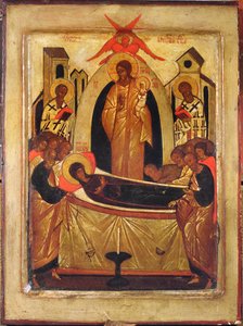 A Dormição da Virgem (tempera e folha de ouro no painel) de Russian School