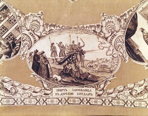 A execução do Falso Dimitri, detalhe de um xale representando a história do impostor real (têxtil) de Russian School