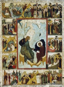 São João Evangelista em Patmos com cenas de sua vida, início do século XVI. de Russian icon.