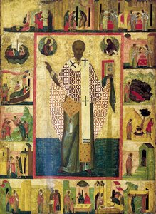 São Nicolau de Zaraisk com cenas de sua vida, início do século XVI. de Russian icon.