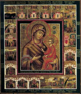 A Virgem de Tikhvin com cenas de fronteira, primeiro quartel do século XIX. de Russian icon.
