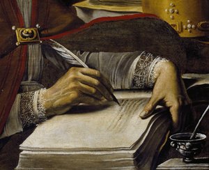 Mãos, escrita com pena de pena, detalhe de Santo Ambrouse, de Rutilio Manetti (1571-1639), óleo sobre tela, 67x89 cm