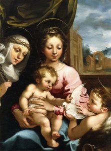 A Madona e o Menino com o Menino São João Batista e Santa Catarina de Siena, c.1597-1612 de Rutilio Manetti