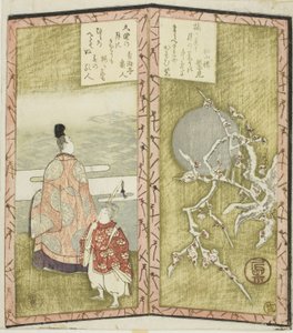 Flores de ameixa e poeta, de um hexáptico sem título representando um par de biombos de Ryuryukyo Shinsai