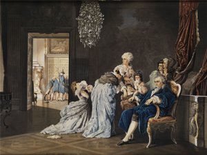 As últimas horas da família real francesa (Luís XVI e Maria Antonieta) no Louvre antes da invasão dos revolucionários. Pintura em aquarela/guache sobre papelão. 38x51cm. Monograma "SG" e datado "1877" inferior direito de „SG“
