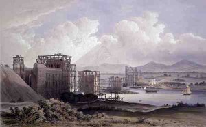 Ponte Tubular Britannia sobre o Estreito do Menai, tomada durante a construção em 1848, litografia por dia e Filho de S. (after) Russell