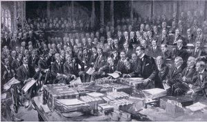 Um dos eventos mais importantes da história do Parlamento, em 3 de agosto de 1914, da revista Cassells History ofthe British People, publicado pela Waverley Book Company Limited, c.1940