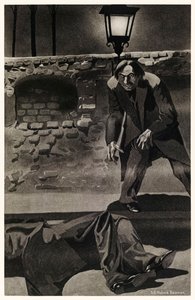 Fugiu da cena destes excessos ao mesmo tempo gloriosa e trêmula" do "Strange Case of Dr Jekyll and Mr Hyde" de Robert Louis Stevenson (1850-1894) Ilustração de S.G. Hulme Beam (1887-1932) para uma edição de 1930. de S. G. Hulme Beamam