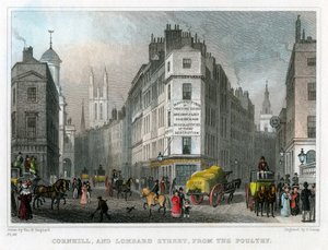 Cornhill e Lombard Street de aves domésticas, cidade de Londres, 1830.