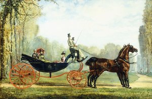 Uma carruagem puxada por cavalos em um parque com uma caça além (óleo sobre tela) de S. Normand