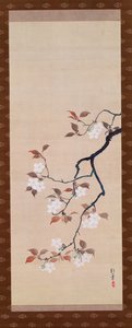 Pergaminho de enforcamento representando flores de cerejeira, de um tríptico das três estações, japonês, início do século XIX