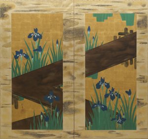 Íris e Ponte das Oito Dobras, tela dobrável de dois painéis, c.1820 (tinta, cor e folha de ouro sobre seda) de Sakai Hoitsu