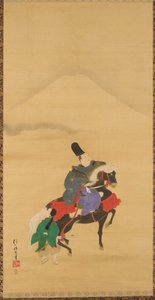 Narihira reitet unterhalb des Fuji de Sakai Hoitsu