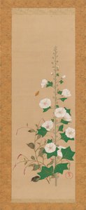 Hollyhocks e príncipes-Pena Flowers, início do século XIX. de Sakai Oho