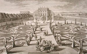 Casa e jardim austríaco, gravado por Johann August Corvinus (1683-1738), publicado c.1730-40 (gravura)