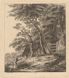 Um pescador e duas crianças em uma paisagem com cabanas de palha, 1764. de Salomon Gessner