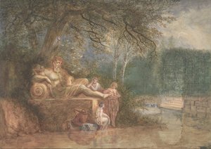 Um parque com figuras em uma estátua perto da água, 1775.