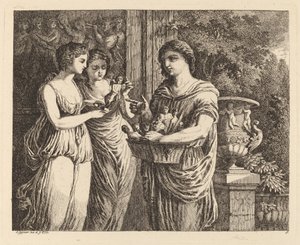 Vendedor de estatuetas com duas garotas de Salomon Gessner