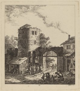 Aldeões em um portão da cidade cumprimentando um dignitário, 1764. de Salomon Gessner