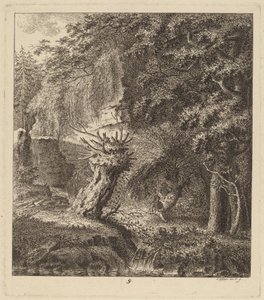 Paisagem arborizada com uma árvore desbastada de Salomon Gessner