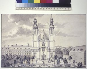 Página inteira: vista de frente da igreja dos Servitas no subúrbio de Rossau (desenho a caneta e tinta) de Salomon Kleiner