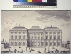 Página inteira: vista frontal da fachada ajardinada do Palácio do Liechtenstein em Rossau (desenho a caneta e tinta) de Salomon Kleiner