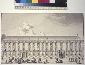 Página inteira: vista frontal do palácio em Nos (desenho a caneta e tinta) de Salomon Kleiner