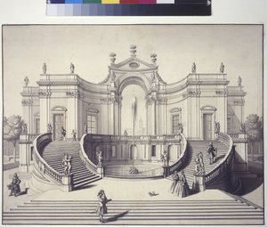 Página inteira: palácio nos jardins do Palácio Liechtenstein, Rossau, Viena (desenho a caneta e tinta) de Salomon Kleiner
